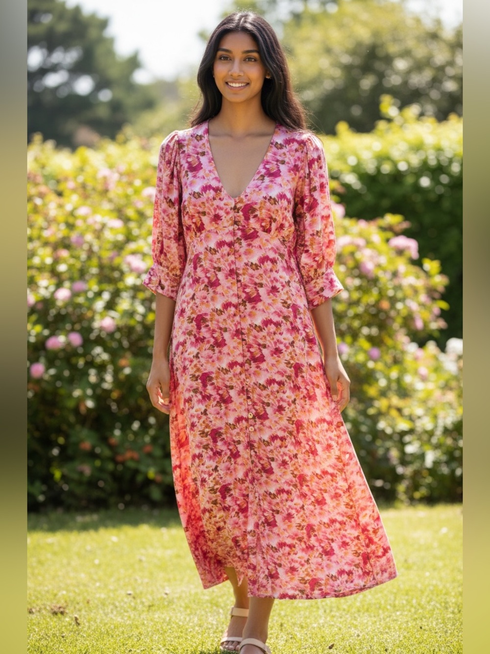 Grey State Pink Floral Midi Dress with V-Neck